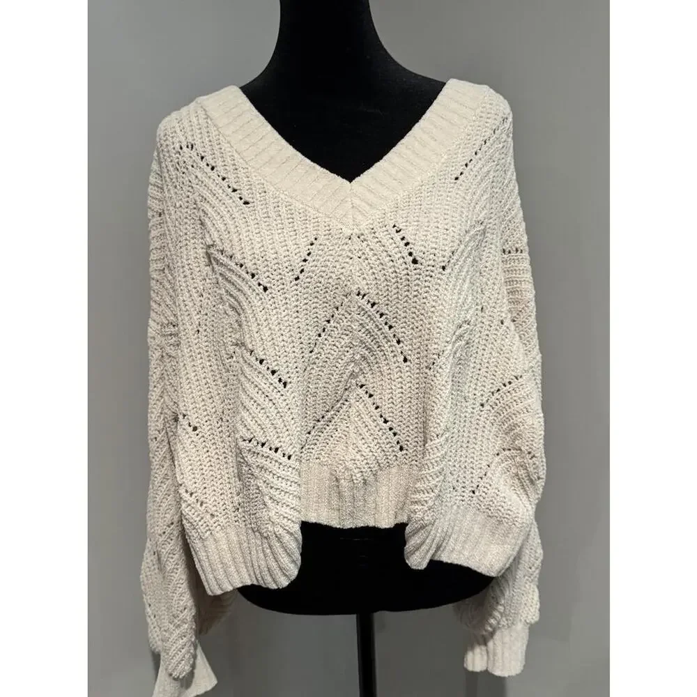 American Eagle Outfitters Sweater Womens Large White Open Knit V Neck Dolman - Picture 1 of 8